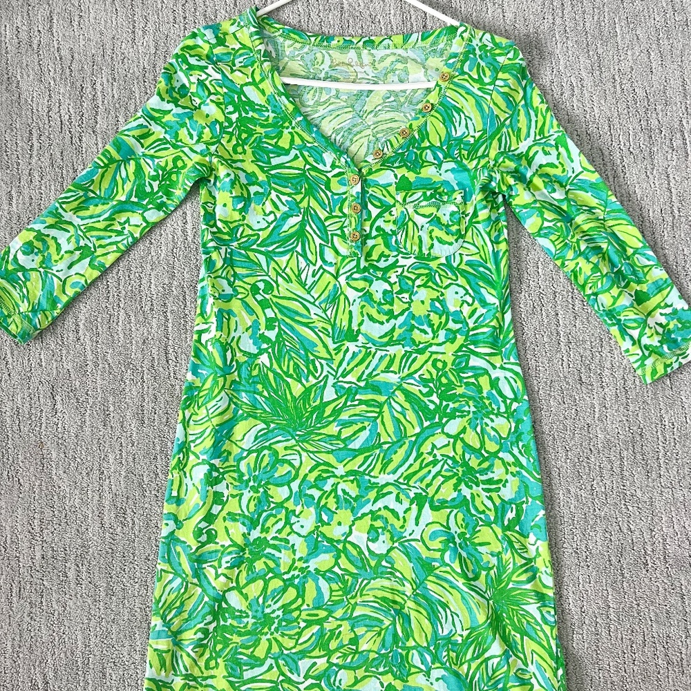 Lilly Pulitzer Green Floral 3/4 Sleeves Pima Cotton Summer Dress- XS